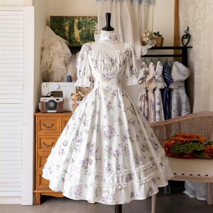 ロリータ ワンピース レディース 花柄 半袖 パフスリーブ フレア