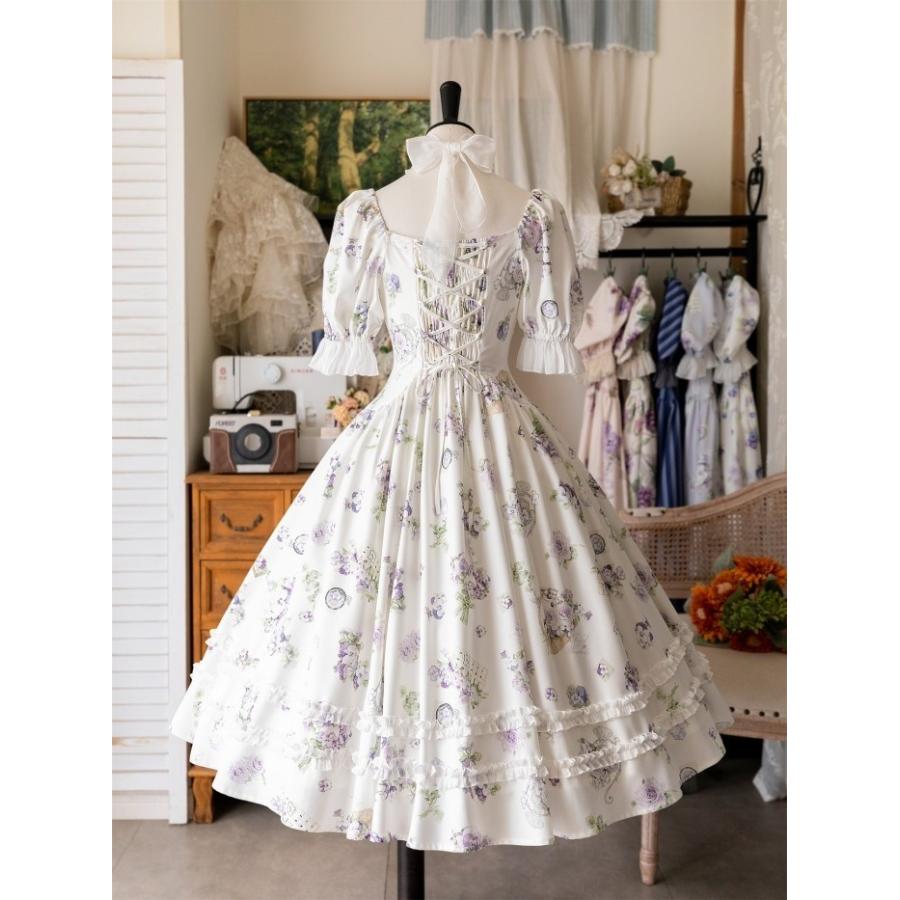 ロリータ ワンピース レディース 花柄 半袖 パフスリーブ フレア