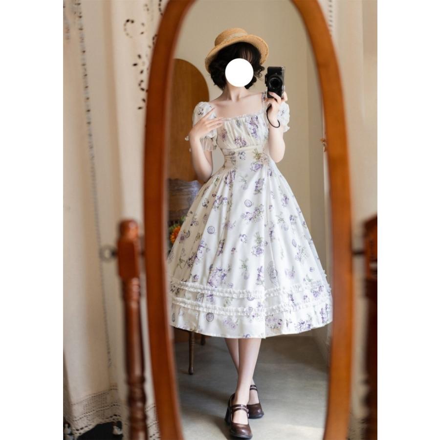 ロリータ ワンピース レディース 花柄 半袖 パフスリーブ フレア