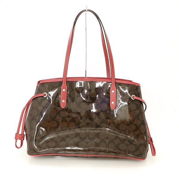 コーチ COACH ダークブラウン レッド シグネチャー パテントレザー