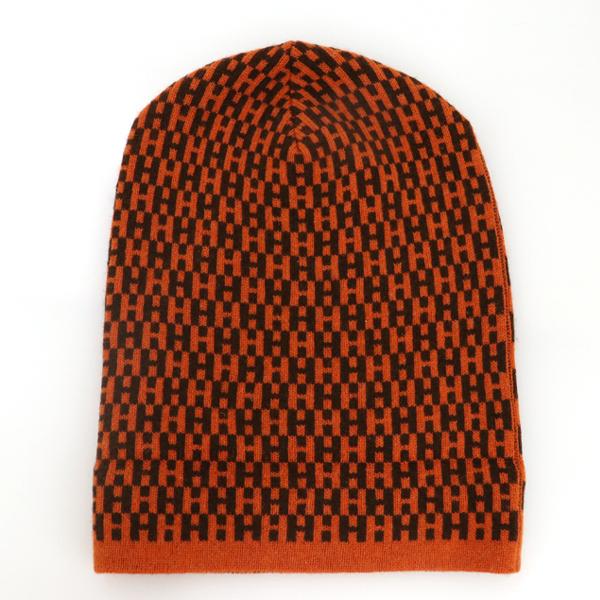 エルメス HERMES Hロゴニット帽 カシミア100% オレンジ ブラウン