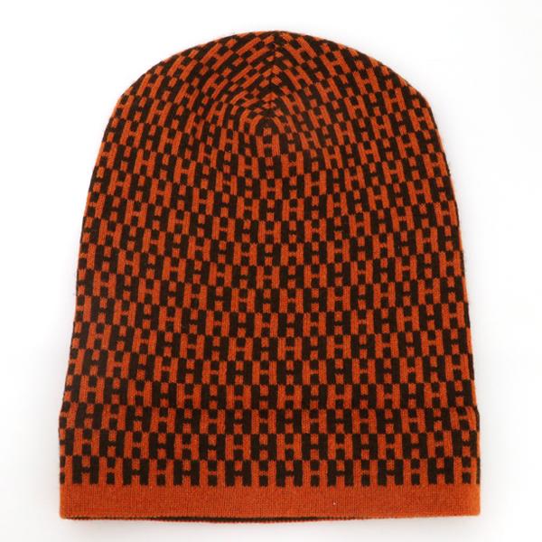 エルメス HERMES Hロゴニット帽 カシミア100% オレンジ ブラウン