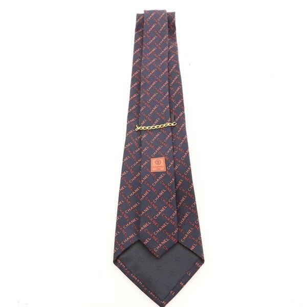 シャネル CHANEL ネクタイ シルク100% ロゴ 総柄 チェック ネイビー