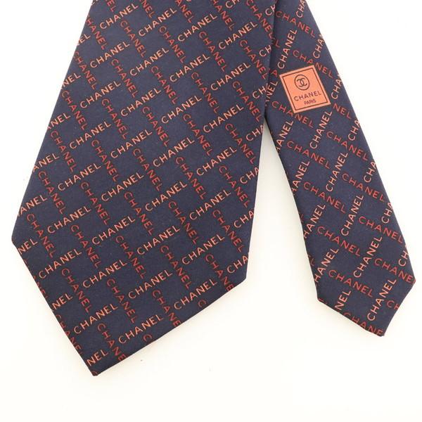 シャネル CHANEL ネクタイ シルク100% ロゴ 総柄 チェック ネイビー