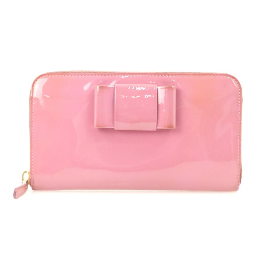 ミュウミュウ MIUMIU ピンク パテントレザー エナメル リボン ラウンド