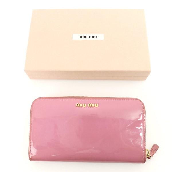 ミュウミュウ MIUMIU ピンク パテントレザー エナメル リボン ラウンド