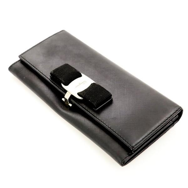 フェラガモ FERRAGAMO ブラック レザー ヴァラ リボン 二つ折り財布 長