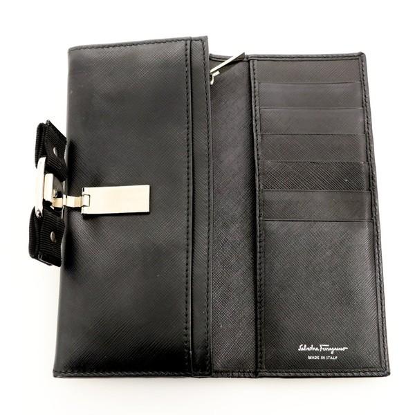 フェラガモ FERRAGAMO ブラック レザー ヴァラ リボン 二つ折り財布 長