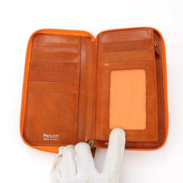 ペルッツィ Peruzzi ブラウン オレンジ レザー ラウンドファスナー長