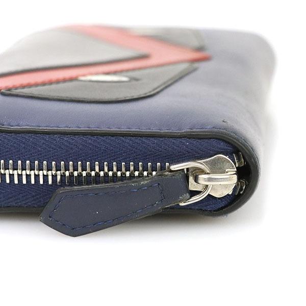 フェンディ FENDI ネイビー レザー バグズアイ ラウンドファスナー 長