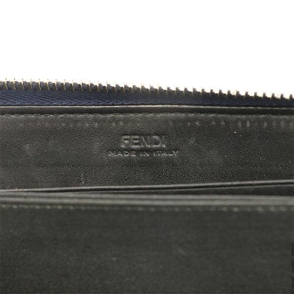 フェンディ FENDI ネイビー レザー バグズアイ ラウンドファスナー 長
