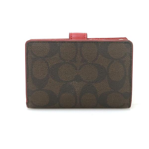 COACH コーチ 二つ折り 財布 PVC ブラウン レッド シグネチャー 美品 コーチ COACH シグネチャー ダークブラウン レッド PVC レザー L字