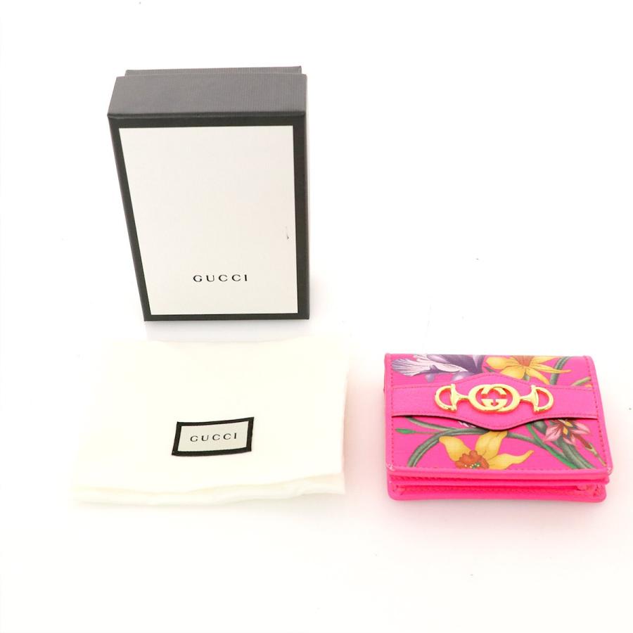 美品 限定 GUCCI タイガー ホースビット コンパクト財布 フローラ グッチ GUCCI Gホースビット ボタニカル柄 ピンク レザー フローラ