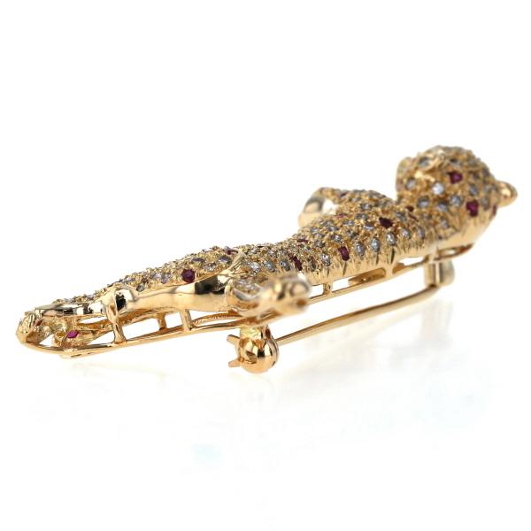 鑑別書付き豹/パンサーブローチk18YG 色石ダイヤ16.9g