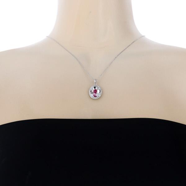 K18WG ホワイトゴールド ネックレス ルビー 0.26ct ダイヤモンド 0.08ct フラワー 花 ミラー 45cm【新品仕上済】【zz】【中古】の画像