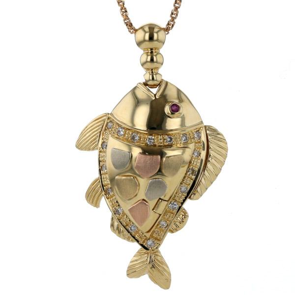 K18YG PG WG ネックレス ダイヤモンド 0.18ct ルビー 0.02ct 魚 観音様