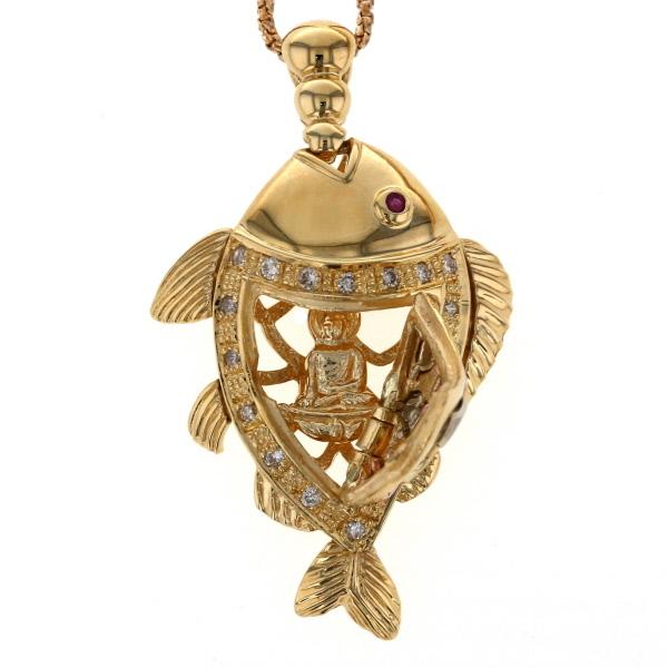 K18YG PG WG ネックレス ダイヤモンド 0.18ct ルビー 0.02ct 魚 観音様