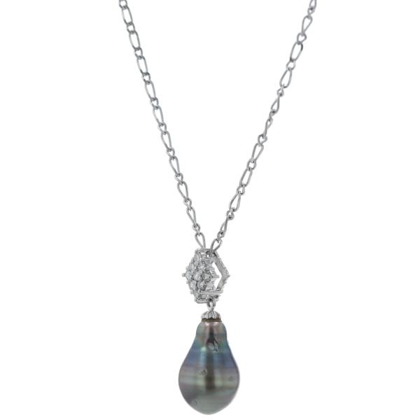 値下げ Pt900 Pt850 ネックレス 黒蝶真珠 10.5mm ダイヤモンド 0.24ct