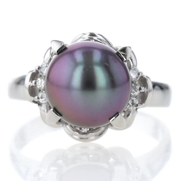 Pt900 プラチナ リング 黒蝶真珠 9.7mm ダイヤモンド 0.07ct サイド  