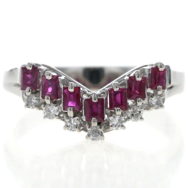 Pt900 プラチナ リング ルビー 0.46ct ダイヤモンド 0.12ct V字 二連