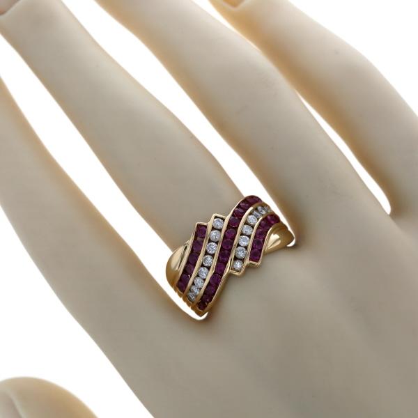 K18YG イエローゴールド リング ルビー ダイヤモンド 0.50ct 5連 ウェーブ ライン 指輪 17号 【新品仕上済】【zz】【中古】の画像
