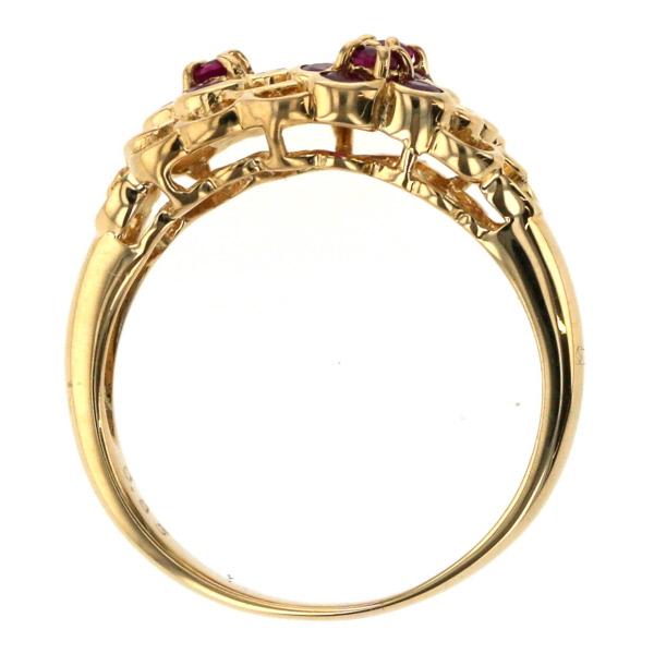 K18YG イエローゴールド リング ルビー 0.85ct 花 フラワー 3連