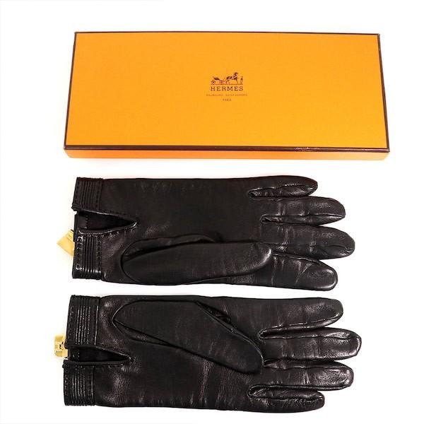 エルメス Hermes レザーグローブ ブラック×ゴールド ケリーバッグ 