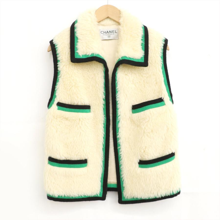 シャネル CHANEL ボアベスト ブラック グリーン オフホワイト アルパカ