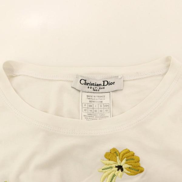 クリスチャンディオール Christian Dior 花柄 刺繍 トロッター ロゴ Tシャツ 綿100% ホワイト レディース トップス F42  古着【kk】【中古】