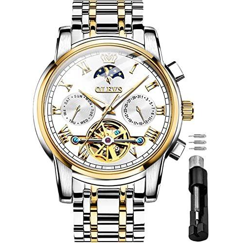 OLEVS (オレブス) メンズ 自動機械式腕時計 ラグジュアリードレス 防水 自動巻き ムーンフェーズ クロノグラフ ステンレススチール 夜光日付