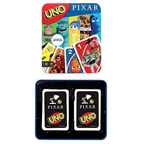 UNO Pixar 25周年記念カードゲーム 112枚のカードと収納缶の説明書7歳以上の子供向け家族向けギフトと大人向けゲームナイト [限
