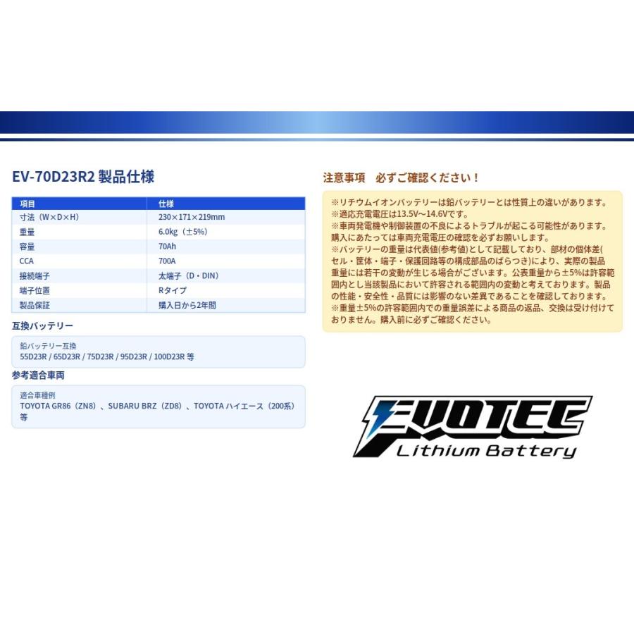 EV-70D23R2 自動車専用リチウムバッテリー GR86(ZN8)、BRZ(ZD8)の