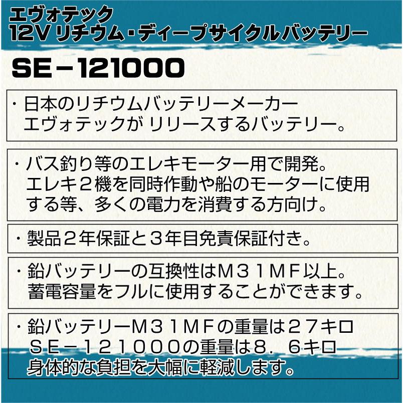 12V 100Ah 防水リチウムディープサイクルバッテリー SE-121000 EVOTEC/エヴォテック_2