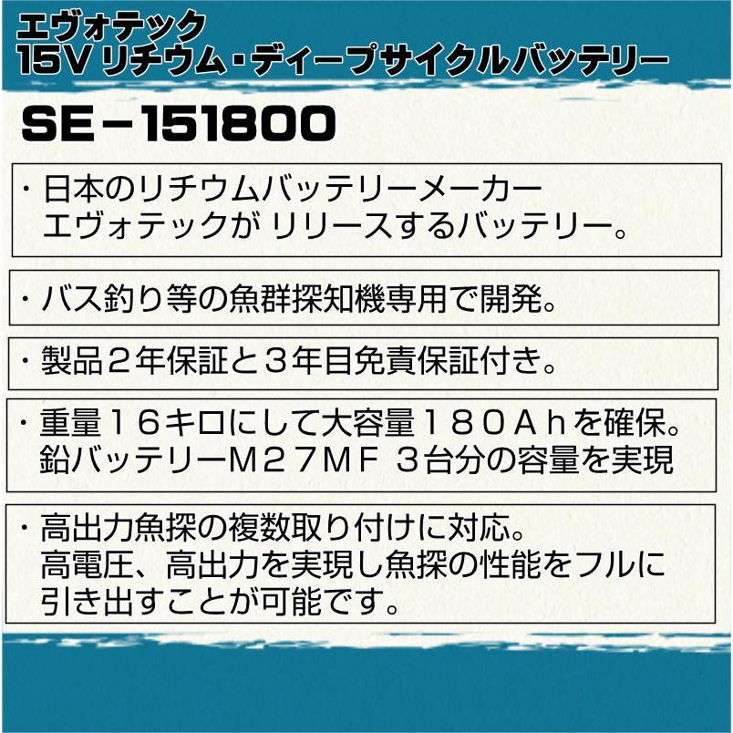 船検対応・180Ah 魚探専用リチウムバッテリー SE-151800 充電器セット EVOTEC/エヴォテック |  | 02