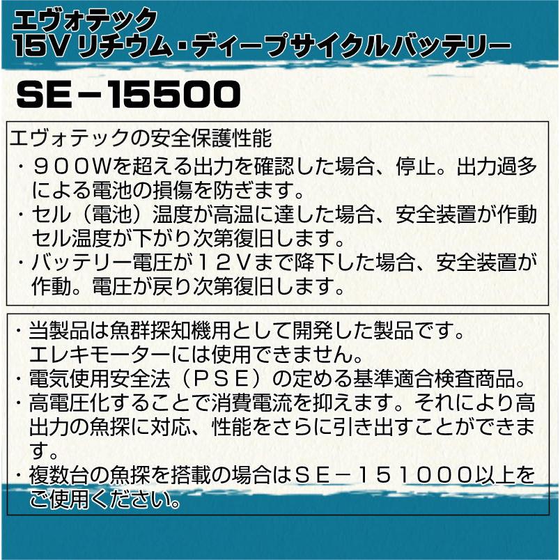 船検対応・50Ah 魚探専用リチウムバッテリー SE-15500 充電器セット ウインターキャンペーン中！　EVOTEC/エヴォテック　 |  | 03