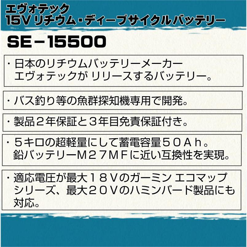 船検対応・50Ah 魚探専用リチウムバッテリー SE-15500 充電器セット ウインターキャンペーン中！　EVOTEC/エヴォテック　 |  | 02