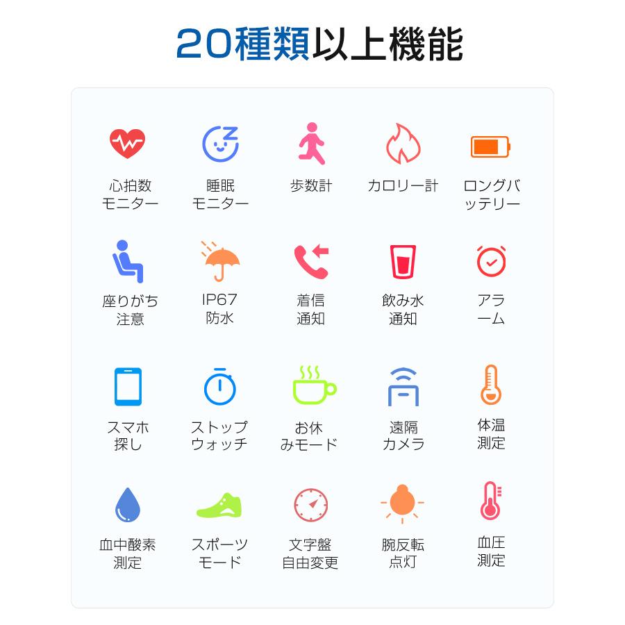 スマートウォッチ 体表温測定 血中酸素 心拍 歩数 カロリー 健康管理 スマートブレスレット リストバンド 腕時計 着信通知 IP67防水 睡眠検測 長い待機時間 C60 |  | 11