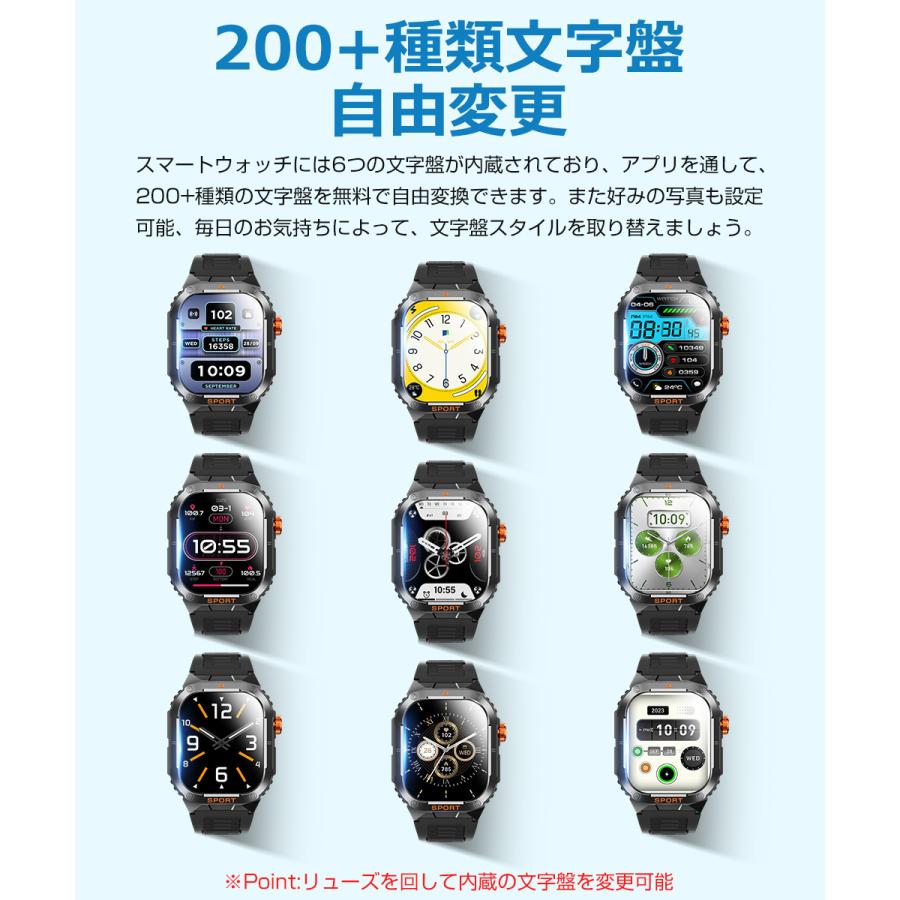 スマートウォッチ メンズ Bluetooth通話 2.01インチ 健康管理 スマートブレスレット 着信通知 IP68防水 耐衝撃 腕時計 睡眠 懐中電灯 S0S機能 350mAh D16 |  | 07