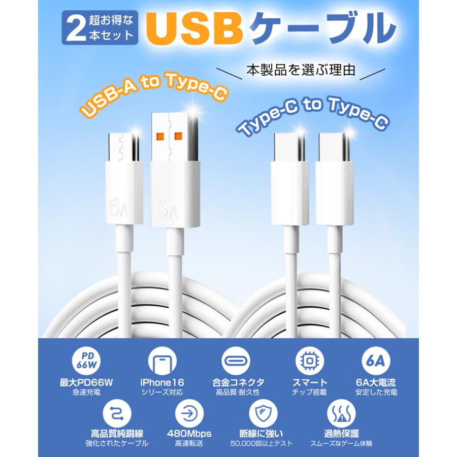 Type-C 充電ケーブル PD対応 2本セット タイプc 充電コード 急速充電 c