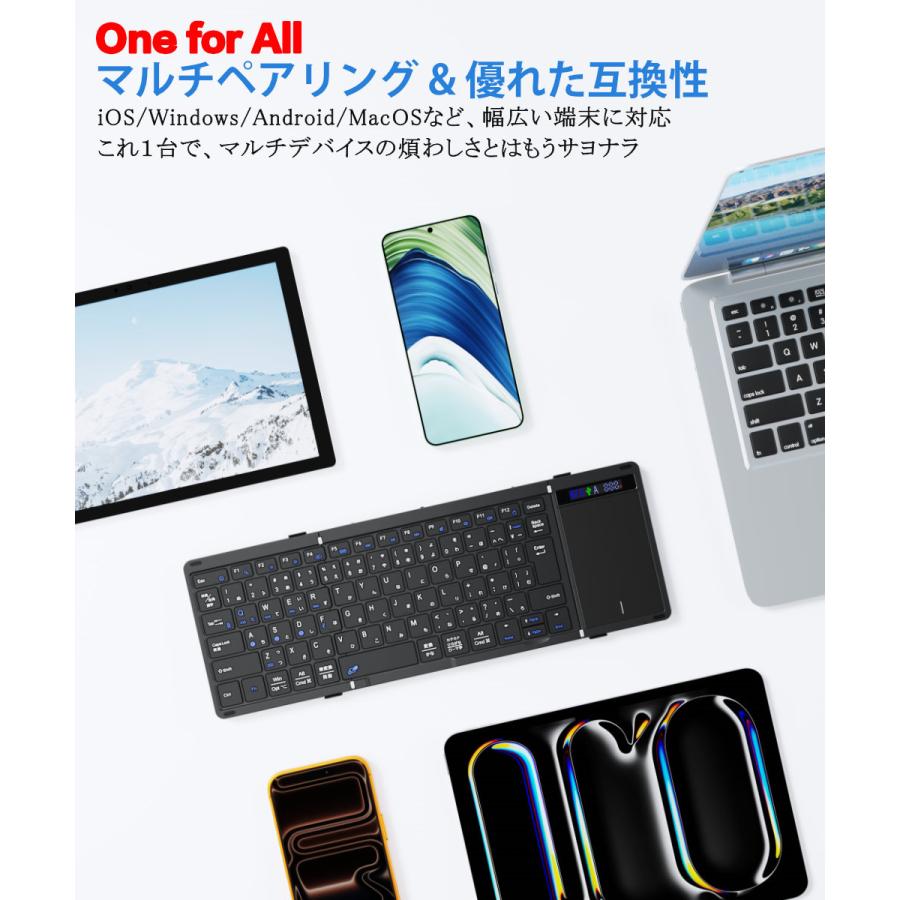 【新品未使用】① キーボード ワイヤレス 折りたたみ bluetooth 無線と有線両対応 表示スクリーン&ヒンジロック搭載 ipad mac タブレット パソコン surface スマホ用 日本語配列 マルチペアリング 4台端末切替可 タッチパッド付き iOS/Windows/Android/Mac対応 コンパクト 薄型 軽量 フルサイズ パンタグラフ 静音 充電式 ブラック 折りたたみ キーボード 日本語配列 無線と有線両対応 ワイヤレス