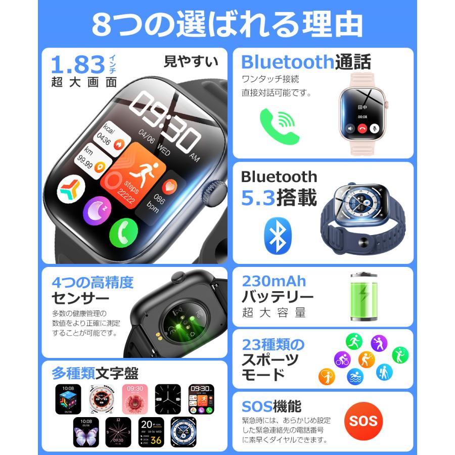スマートウォッチ Bluetooth通話 1.83インチ大画面 血中酸素 心拍 歩数