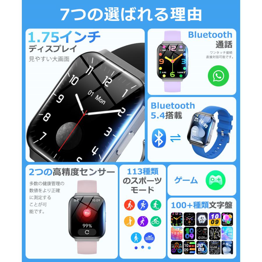 スマートウォッチ レディース メンズ Bluetooth通話 1.75インチ画面 血
