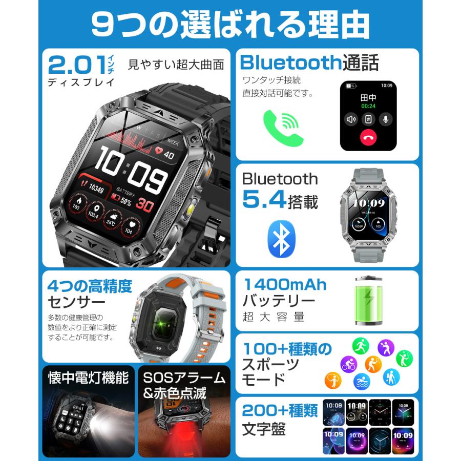 スマートウォッチ Bluetooth通話 2.01インチ 1400mAh大容量バッテリー 血中酸素 心拍 歩数 カロリー 健康管理 着信通知 IP68防水 懐中電灯 腕時計 SW01の画像