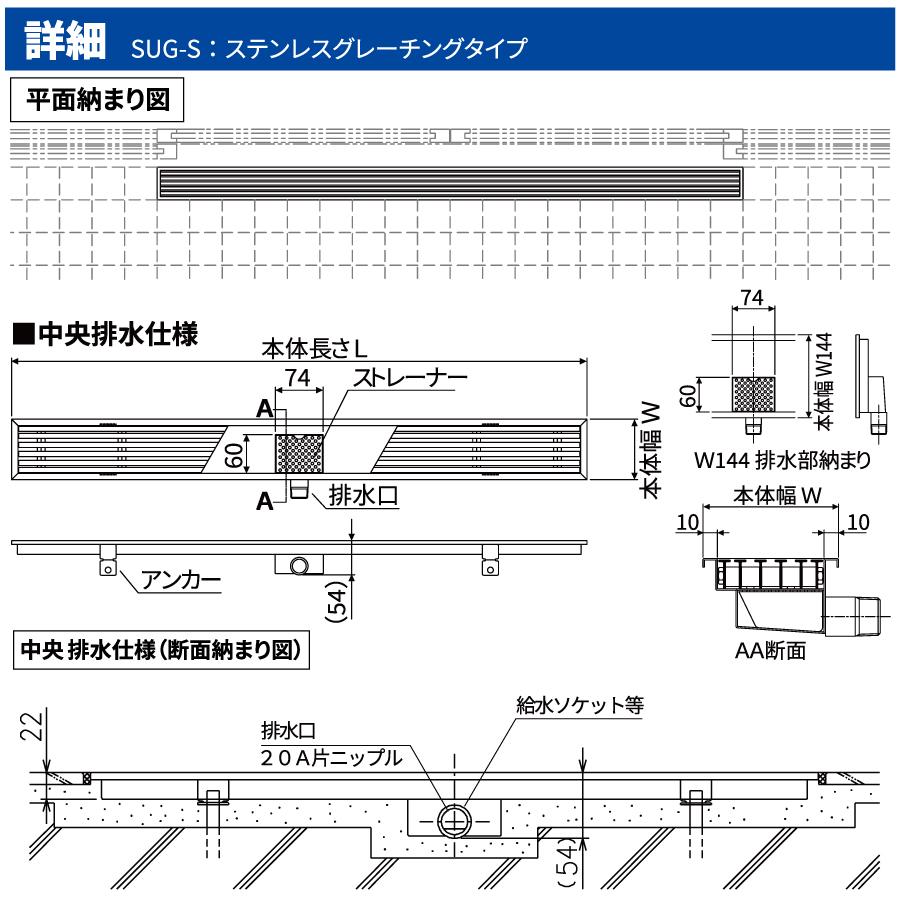 排水ユニット   ステンレスグレーチングタイプ   SUG-SR1518C   本体幅W：144mm   本体長さL：1794mm   中央排水仕様   ※個人宅配送不可※   ダイケン DAIKEN_1