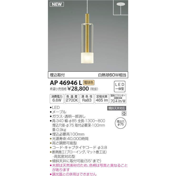 照明 おしゃれ コイズミ照明 KOIZUMI ペンダントライト AP46946L 埋込