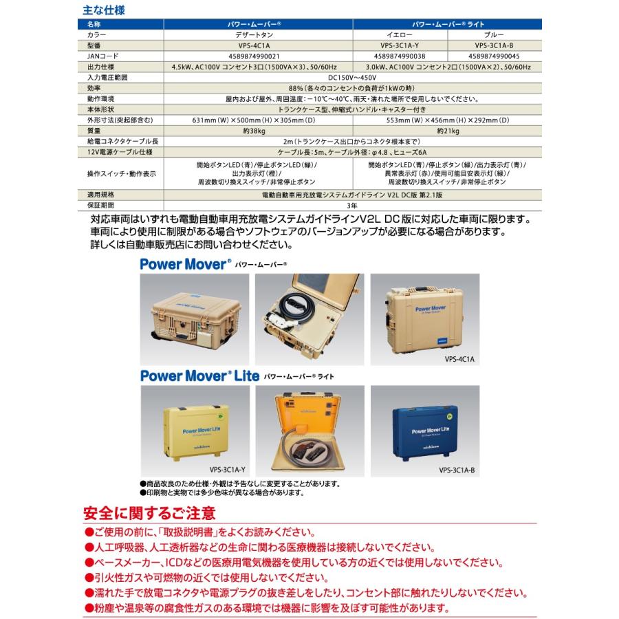 EV PHV FCV 電気自動車 ニチコン株式会社 nichicon 外部給電器 Power Mover パワー・ムーバー ライト 型番 VPS-3C1A イエロー・ブルー EVパワー・_3