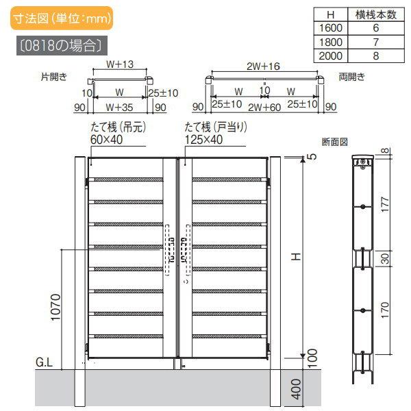 形材門扉　三協アルミ　三協立山　門柱タイプ　木調タイプ　W1000×H2000(扉1枚寸法)　両開きセット　タッチ錠　フレイナハイタイプYPH型　内開き施工　1020