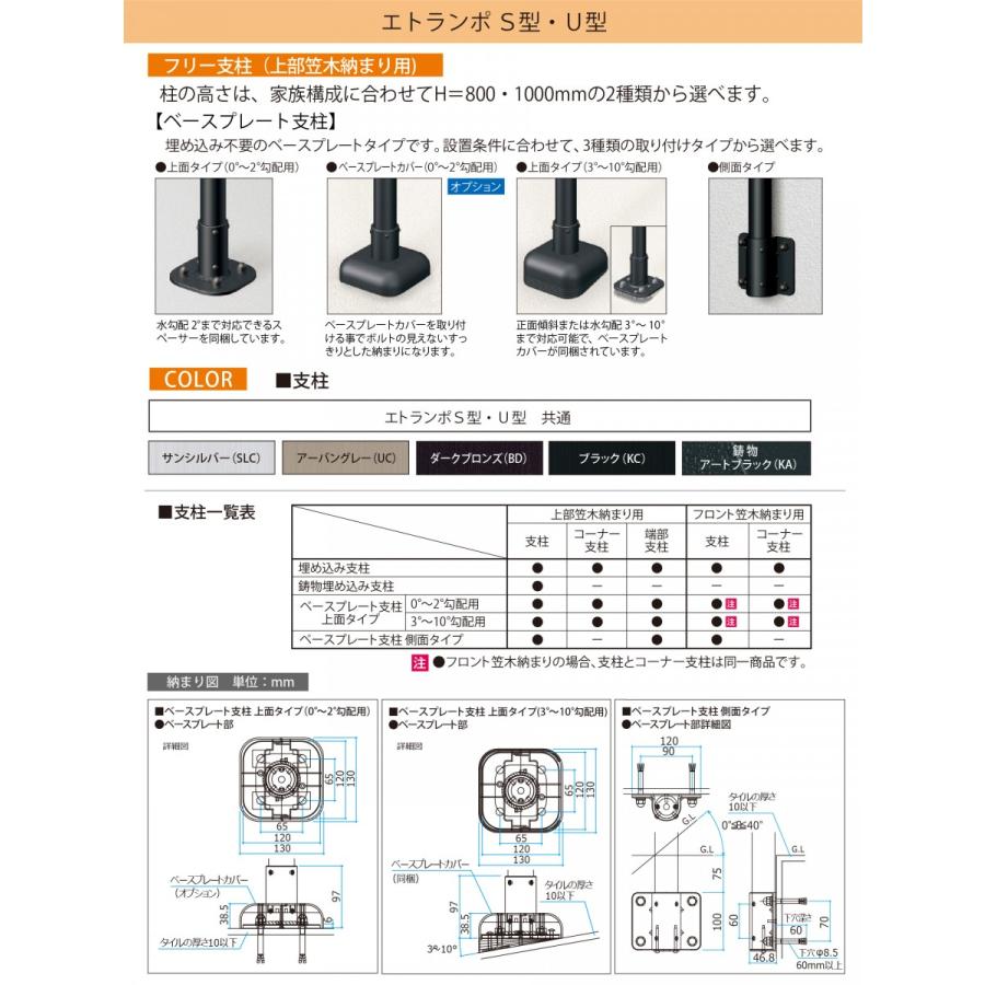 【部品】 歩行者用補助手すり 三協アルミ エトランポS2型 フリー支柱タイプ フロント笠木納まり エラストマー（木調） ベースプレート支柱上面タイプ 0°_2