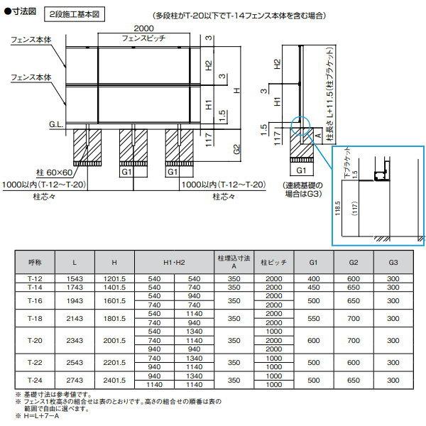 多段柱 フェンスAA 2段柱 アルミカラー T-16(T16) 60×60 全タイプ対応