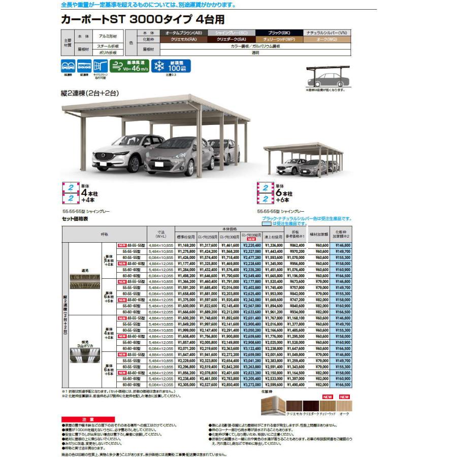 カーポートST 3000タイプ 4台用 縦2連棟（2台＋2台） 60-60・60型 ロング柱25 単体4本柱＋4本 採光３山ポリカタイプ カーポート 4台用 間口6，084mm×奥行12，055_1